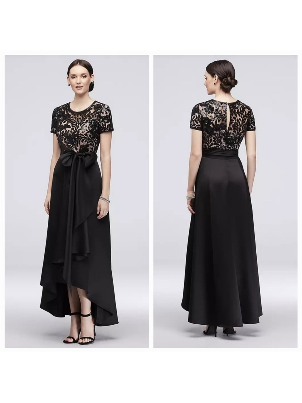 R&M Richards Black Satin & Sequined Lace A-Line High-Low Maxi Dress